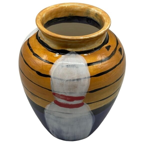 hand painted pottery vase bowling theme pins wood lane signed bottom white READ - Picture 1 of 5